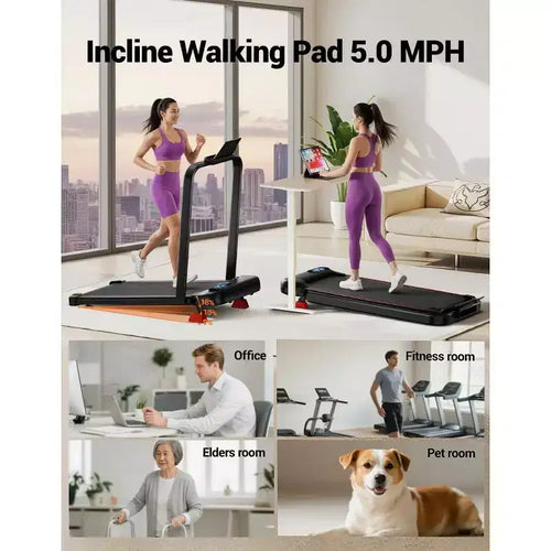 Tapis de course Walking Pad 4-en-1 avec inclinaison de 15 %, tapis de course pliable sous bureau pour la maison et le bureau, moteur silencieux de 2,5 CV