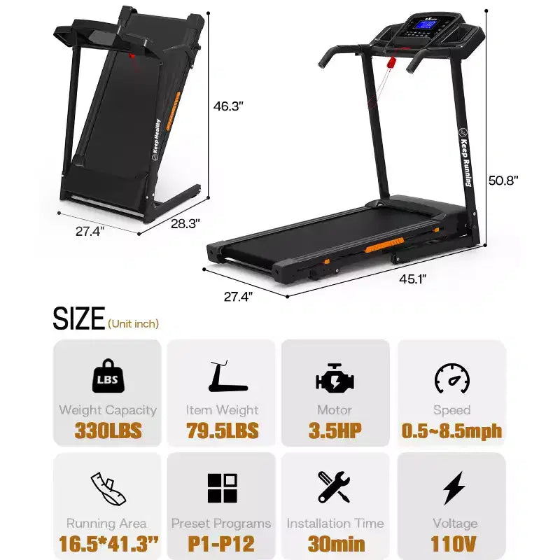 Redliro 3-Level Incline Folding Treadmill for Home, Running Machine with Bluetooth Speakers, Compact Treadmill with 330lbs Capacity