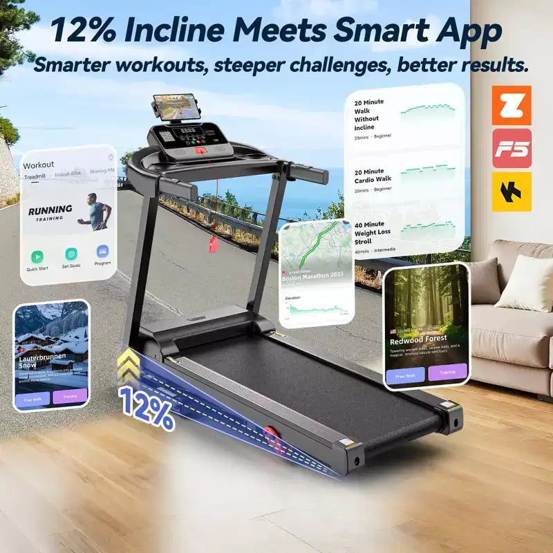 12% Incline Treadmill with Handle, 3.45HP Portable Treadmills for Home, Foldable Treadmills with 340 LBS Capacity, 3-in-1 Quiet Walking Pad Treadmill