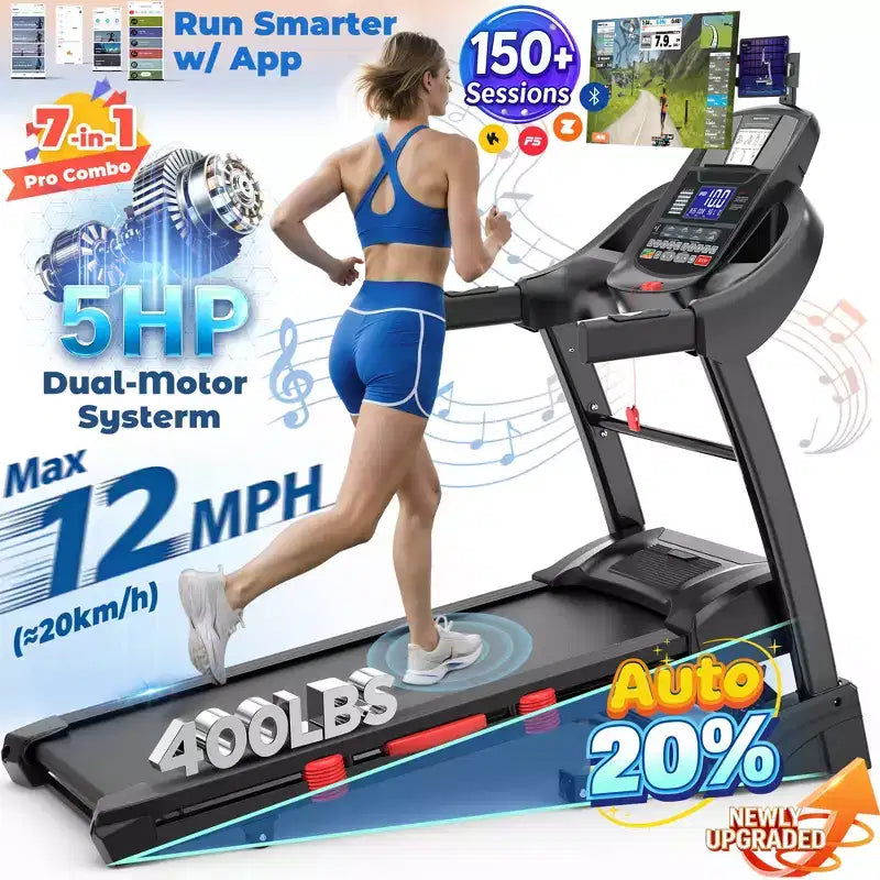 5HP Foldable Treadmill for Home w/ 20% Auto Incline&12MPH,400lbs Capacity,Portable Treadmill,Personalized Workout w/ APP,Running Walking treadmill