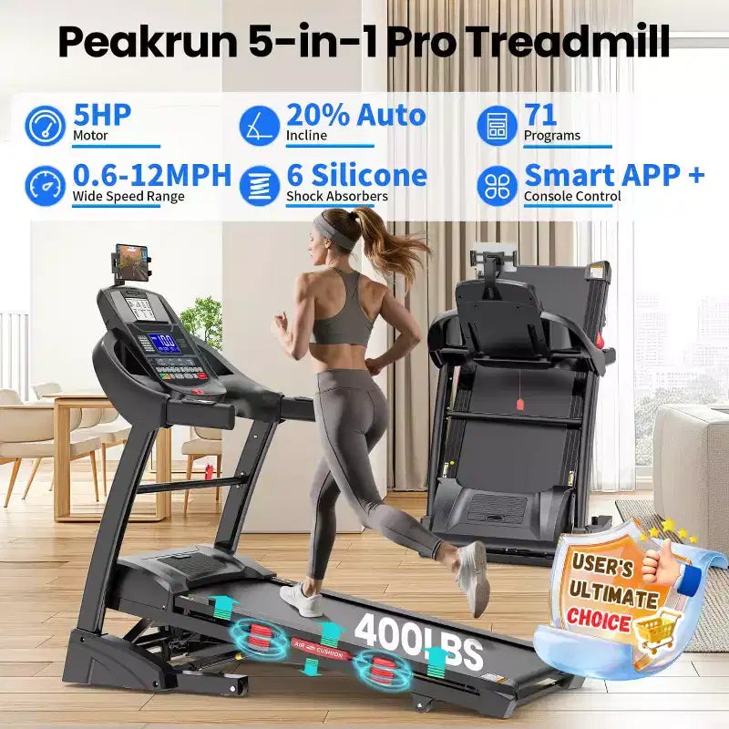 Tapis de course pliable 5CV pour la maison avec inclinaison automatique de 20 % et vitesse de 19 km/h, capacité de 180 kg, tapis de course portable, entraînement personnalisé avec application, tapis de course pour la course et la marche
