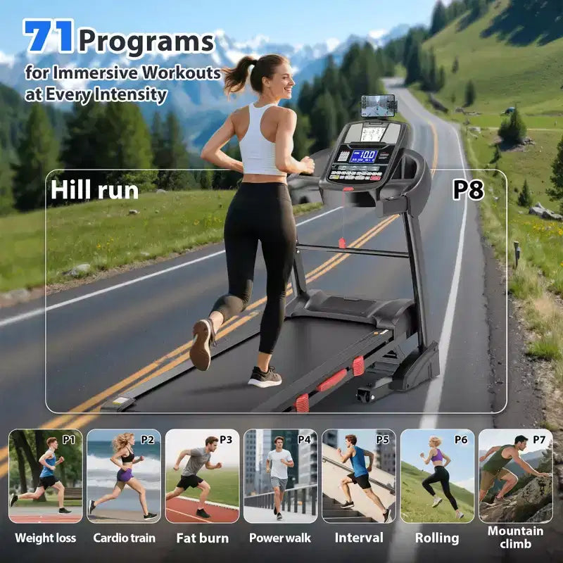 Tapis de course pliable 5CV pour la maison avec inclinaison automatique de 20 % et vitesse de 19 km/h, capacité de 180 kg, tapis de course portable, entraînement personnalisé avec application, tapis de course pour la course et la marche
