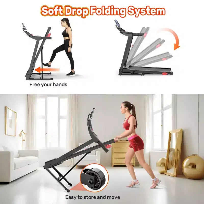 Tapis de course pliable 3.5 CV pour la maison avec inclinaison et 71 entraînements, capacité de 136 kg, application avec cours d'entraînement gratuits, deux haut-parleurs HiFi, équipement d'exercice