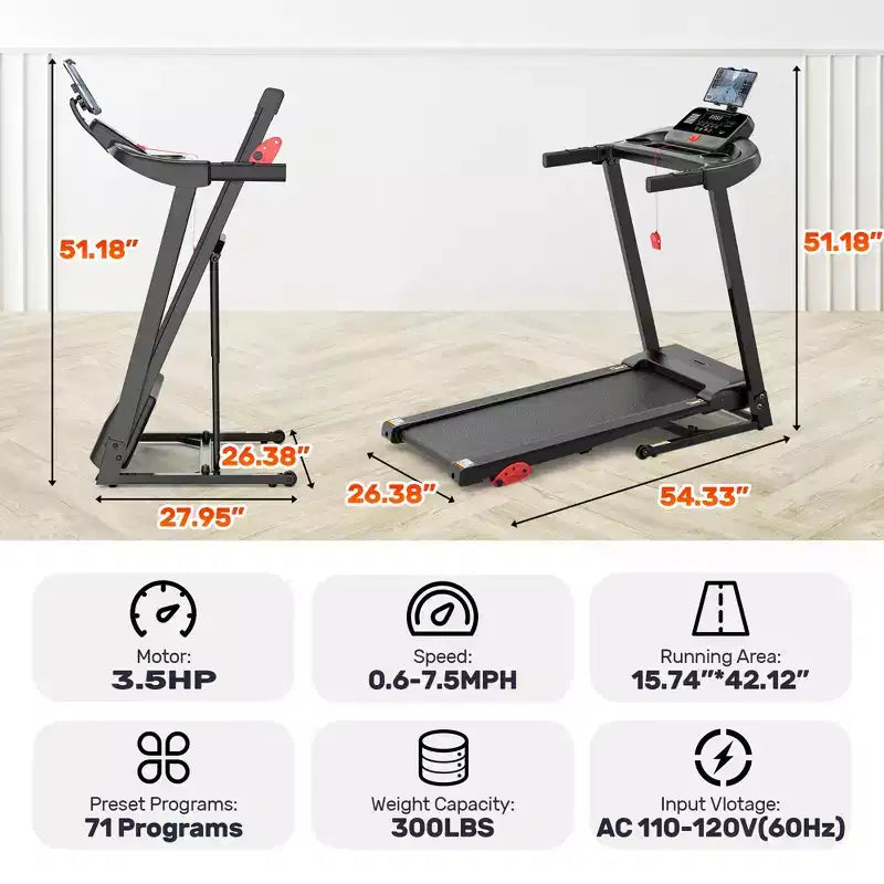 Tapis de course pliable 3.5 CV pour la maison avec inclinaison et 71 entraînements, capacité de 136 kg, application avec cours d'entraînement gratuits, deux haut-parleurs HiFi, équipement d'exercice