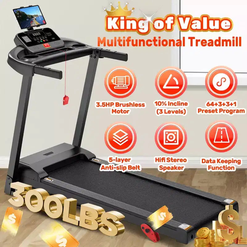 Tapis de course pliable 3.5 CV pour la maison avec inclinaison et 71 entraînements, capacité de 136 kg, application avec cours d'entraînement gratuits, deux haut-parleurs HiFi, équipement d'exercice
