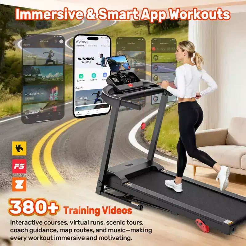 Tapis de course pliable 3.5 CV pour la maison avec inclinaison et 71 entraînements, capacité de 136 kg, application avec cours d'entraînement gratuits, deux haut-parleurs HiFi, équipement d'exercice