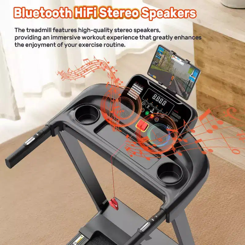 Tapis de course pliable 3.5 CV pour la maison avec inclinaison et 71 entraînements, capacité de 136 kg, application avec cours d'entraînement gratuits, deux haut-parleurs HiFi, équipement d'exercice