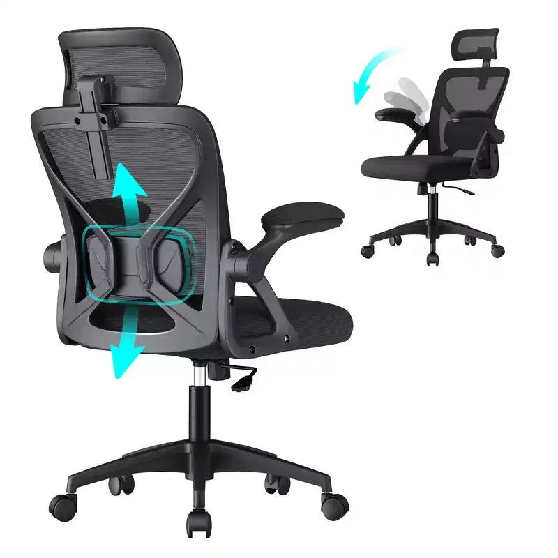 VASAGLE Ergonomic Mesh Office Chair with Adjustable Lumbar Support and Headrest, 90-105 Tilt Function, Wide Seat, FlipUp Armrests
