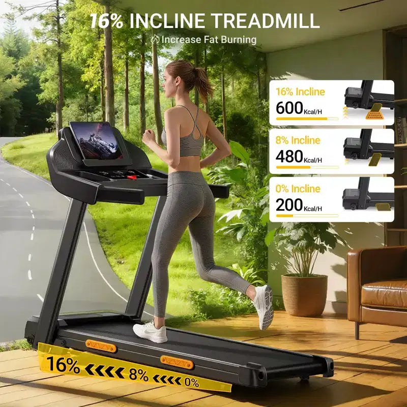 Tapis de course à domicile avec inclinaison de 14 % et écran LED, tapis de course pliable silencieux de 3,0 CV avec barre de maintien, capacité jusqu'à 163 kg