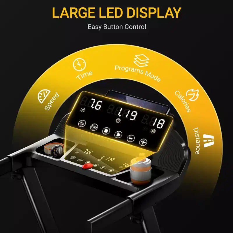 Tapis de course à domicile avec inclinaison de 14 % et écran LED, tapis de course pliable silencieux de 3,0 CV avec barre de maintien, capacité jusqu'à 163 kg