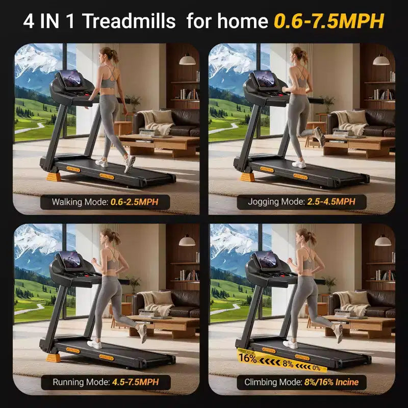 Tapis de course à domicile avec inclinaison de 14 % et écran LED, tapis de course pliable silencieux de 3,0 CV avec barre de maintien, capacité jusqu'à 163 kg