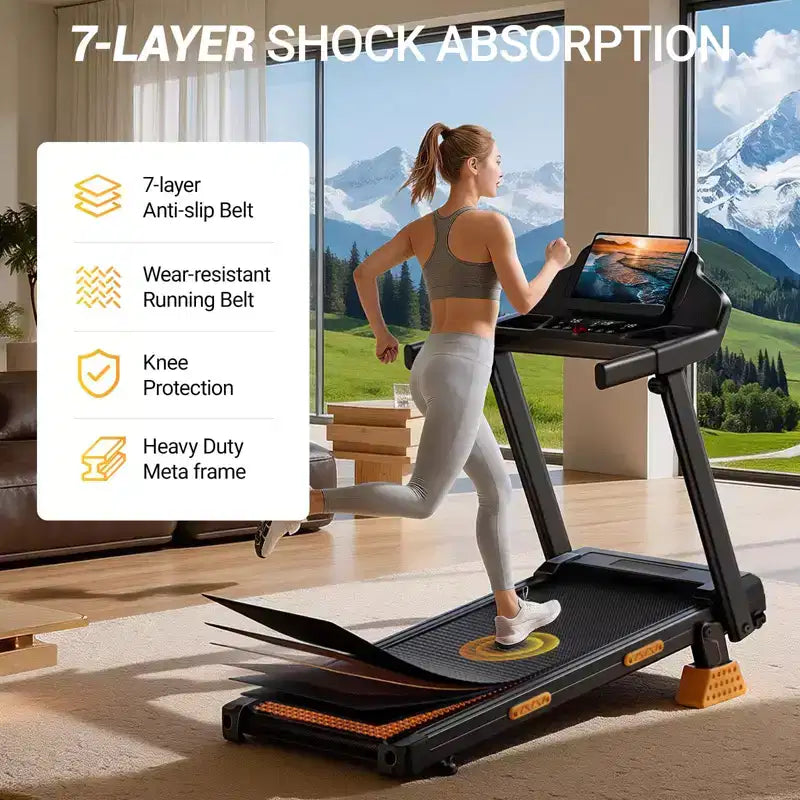Tapis de course à domicile avec inclinaison de 14 % et écran LED, tapis de course pliable silencieux de 3,0 CV avec barre de maintien, capacité jusqu'à 163 kg