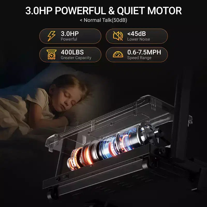 Tapis de course à domicile avec inclinaison de 14 % et écran LED, tapis de course pliable silencieux de 3,0 CV avec barre de maintien, capacité jusqu'à 163 kg