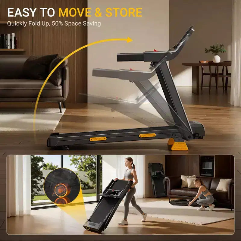 Tapis de course à domicile avec inclinaison de 14 % et écran LED, tapis de course pliable silencieux de 3,0 CV avec barre de maintien, capacité jusqu'à 163 kg