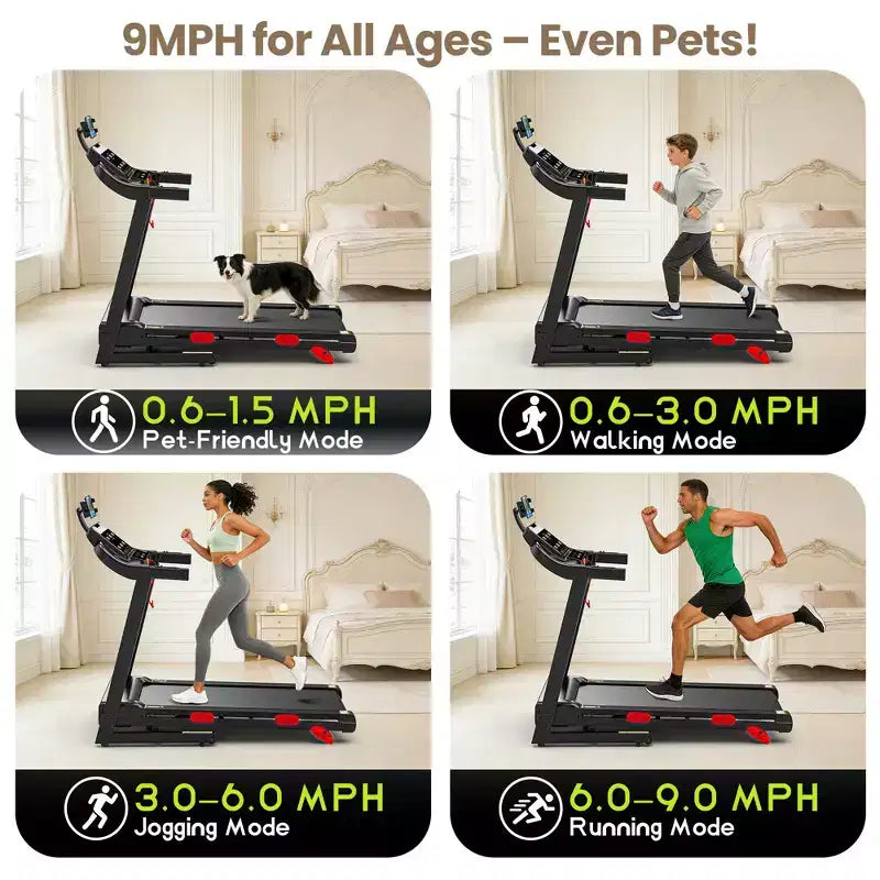 Tapis de course 4 en 1 pour la maison, pliable 3,75 CV avec inclinaison de 10 %, vitesse de marche/course 0,9-14 km/h, capacité 136 kg, 105 programmes, contrôle par application