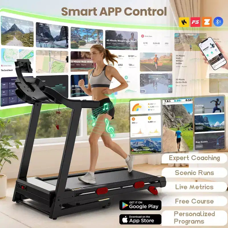 Tapis de course 4 en 1 pour la maison, pliable 3,75 CV avec inclinaison de 10 %, vitesse de marche/course 0,9-14 km/h, capacité 136 kg, 105 programmes, contrôle par application
