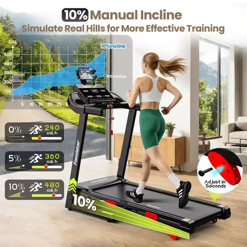 Home Treadmill with Quiet Motor, 0.69 MPH Speed, Incline, 350 lb Capacity, LED Display & Bluetooth
