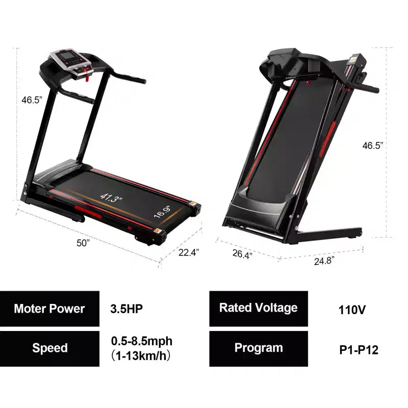 NAYSAYE Foldable Incline Treadmill, Portable Running Walking Jogging Machine with 12 Training Programs for Home Indoor Workout, Black, 50*26.4*46.5