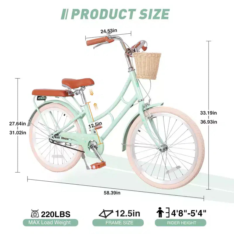 NAYSAYE Girls Beach Cruiser Bike with Front Basket & Sturdy Steel Frame for Comfortable Outdoor City Commute, Green, 58.39*24.53*36.93