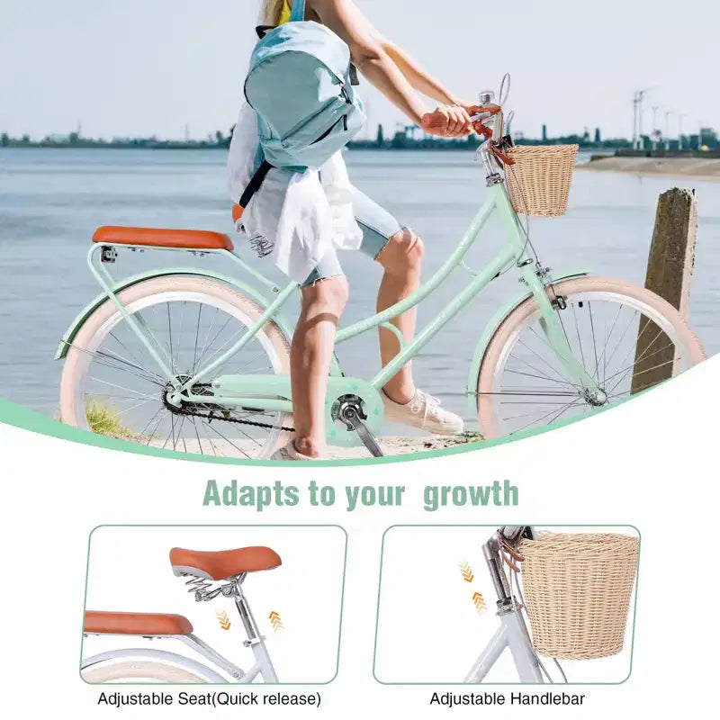 NAYSAYE Women Beach Cruiser Bike with Front Basket & Sturdy Frame for Comfortable Outdoor City Commuting, Green, 63.98*24.53*38.82