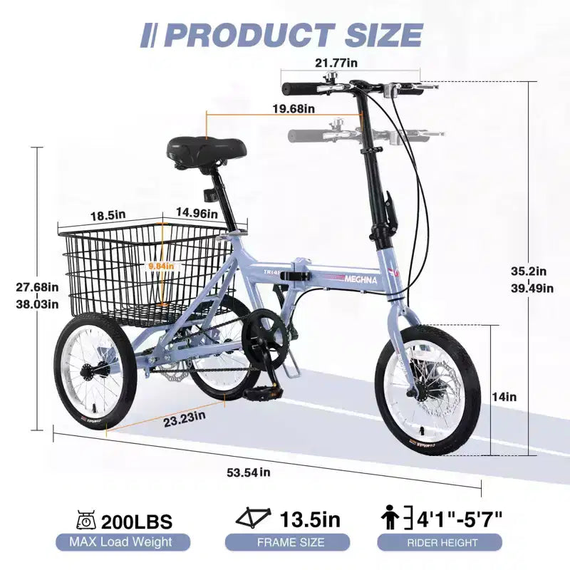 NAYSAYE Tricycle pliant pour adultes avec panier, cadre en acier pliable, grande capacité de charge pour le shopping et les voyages en extérieur, bleu, 53,54*23,23*39,49