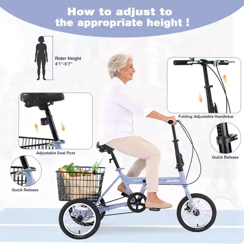 NAYSAYE Tricycle pliant pour adultes avec panier, cadre en acier pliable, grande capacité de charge pour le shopping et les voyages en extérieur, bleu, 53,54*23,23*39,49