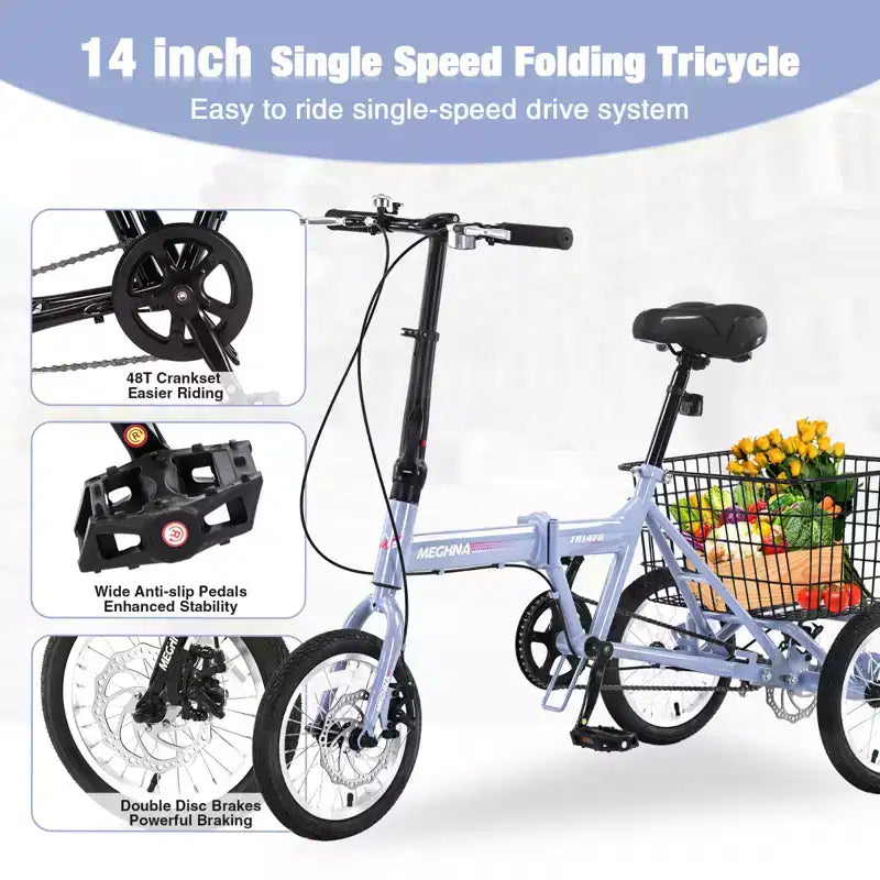 NAYSAYE Tricycle pliant pour adultes avec panier, cadre en acier pliable, grande capacité de charge pour le shopping et les voyages en extérieur, bleu, 53,54*23,23*39,49