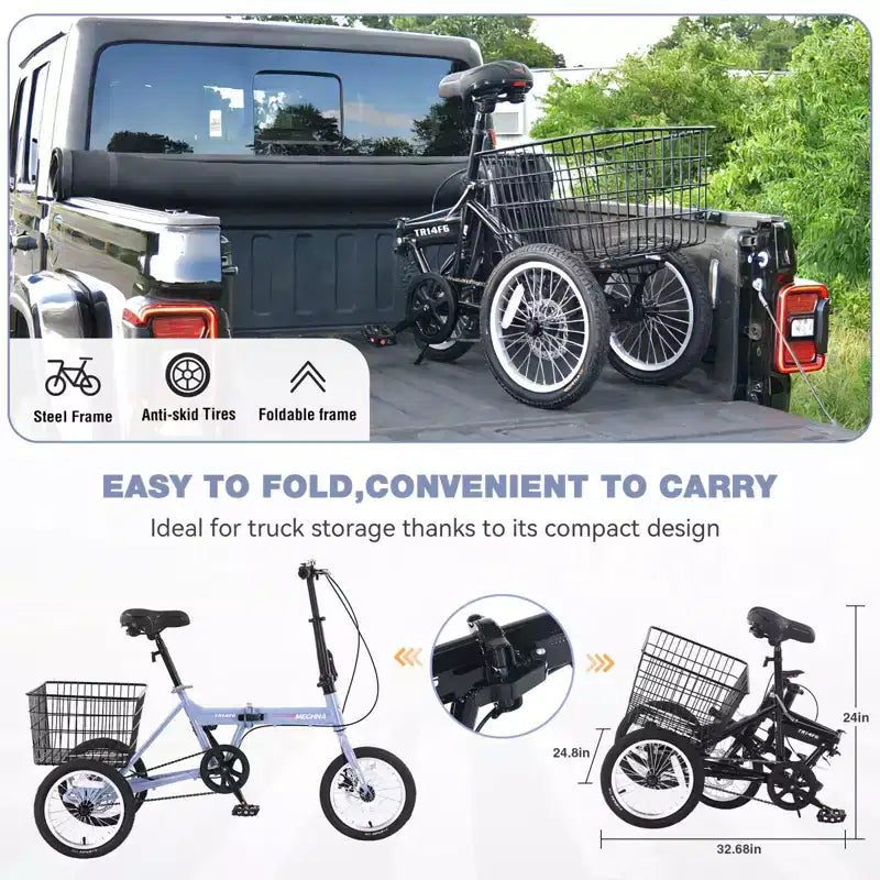 NAYSAYE Tricycle pliant pour adultes avec panier, cadre en acier pliable, grande capacité de charge pour le shopping et les voyages en extérieur, bleu, 53,54*23,23*39,49