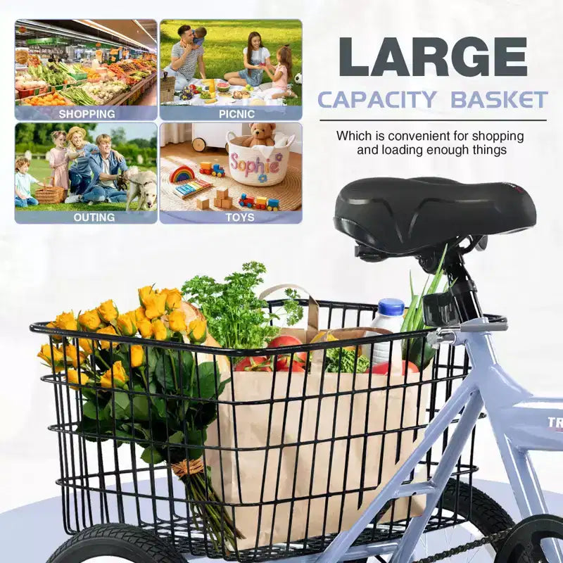 NAYSAYE Tricycle pliant pour adultes avec panier, cadre en acier pliable, grande capacité de charge pour le shopping et les voyages en extérieur, bleu, 53,54*23,23*39,49