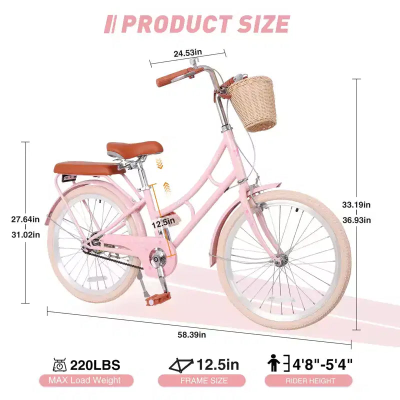 Vélo de croisière de plage NAYSAYE pour filles avec panier avant et cadre en acier robuste pour un trajet confortable en ville, rose, 58,39*24,53*36,93