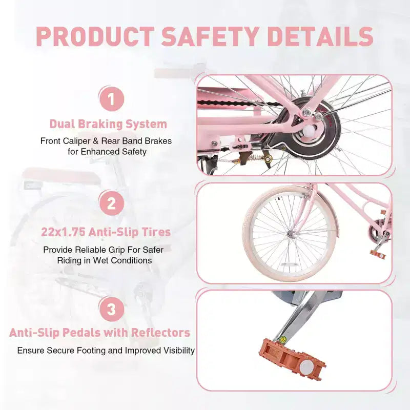 Vélo de croisière de plage NAYSAYE pour filles avec panier avant et cadre en acier robuste pour un trajet confortable en ville, rose, 58,39*24,53*36,93