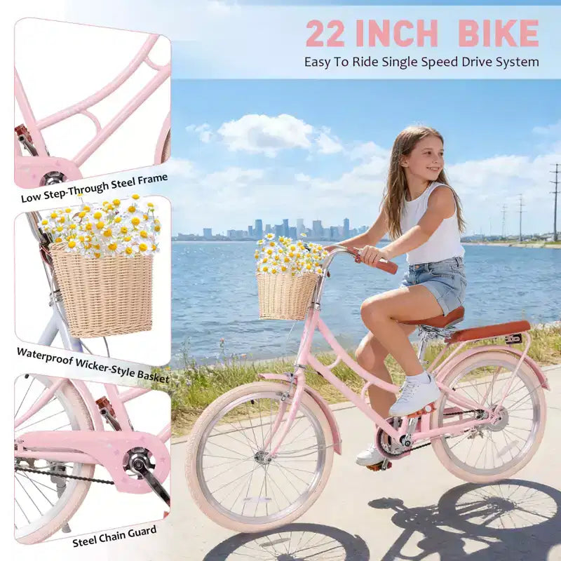 Vélo de croisière de plage NAYSAYE pour filles avec panier avant et cadre en acier robuste pour un trajet confortable en ville, rose, 58,39*24,53*36,93