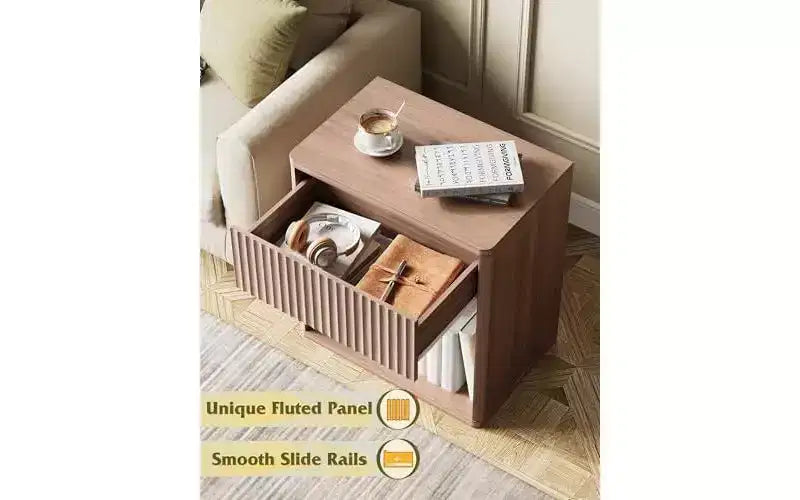Table de chevet cannelée en bois avec tiroir de rangement et étagère ouverte, Table d'appoint de style Mid-Century