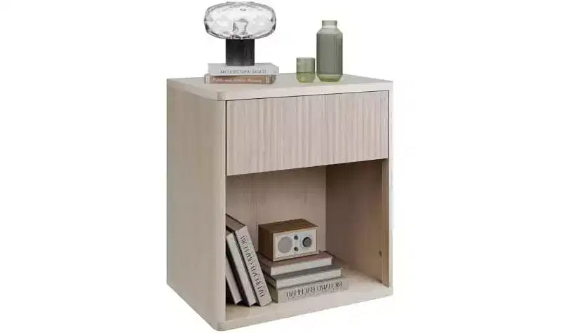 Table de chevet cannelée en bois avec tiroir de rangement et étagère ouverte, Table d'appoint de style Mid-Century