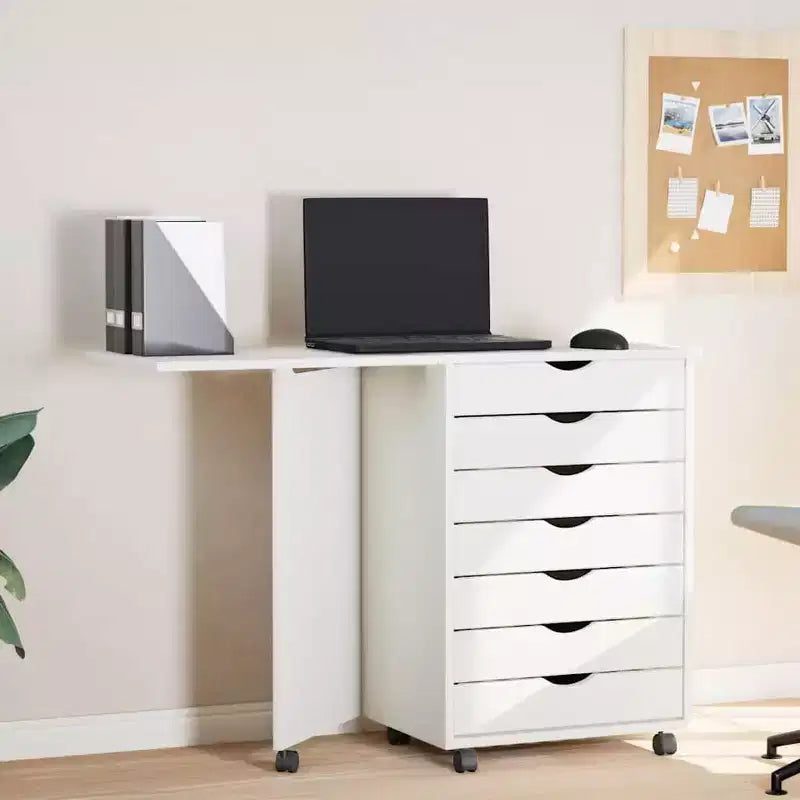 Meuble bas à roulettes en pin massif blanc avec bureau