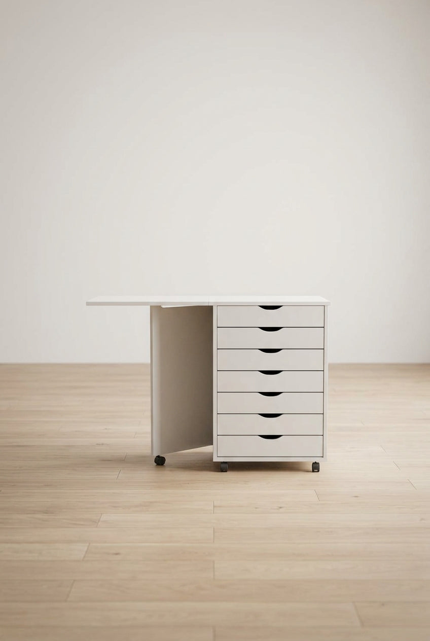 Meuble bas à roulettes en pin massif blanc avec bureau