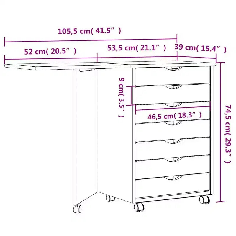 Meuble bas à roulettes en pin massif blanc avec bureau