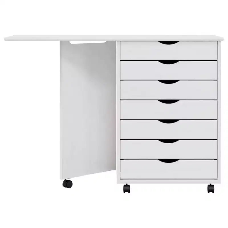 Meuble bas à roulettes en pin massif blanc avec bureau