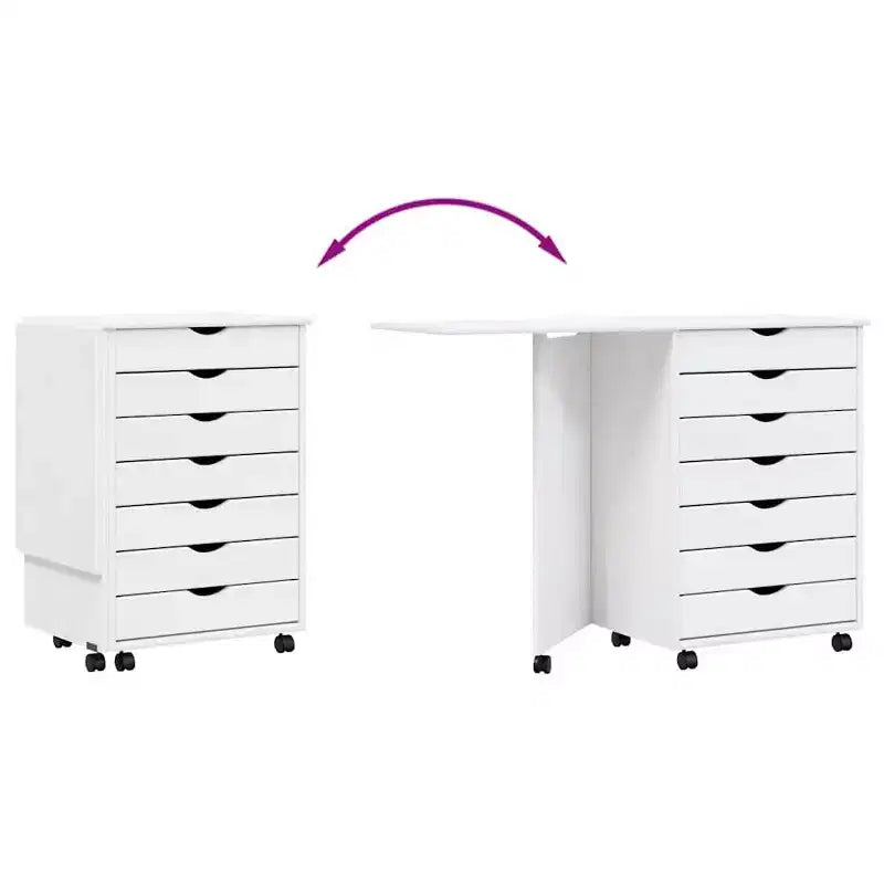 Meuble bas à roulettes en pin massif blanc avec bureau