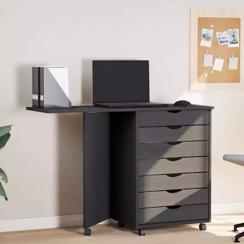 Meuble bas à roulettes en pin massif blanc avec bureau