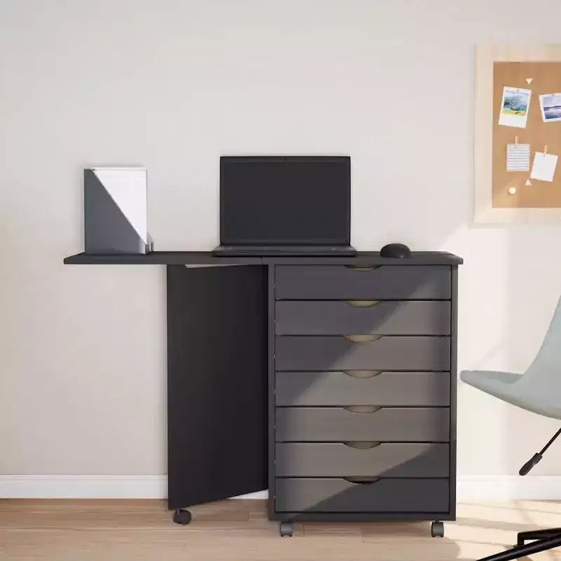 Meuble bas à roulettes en pin massif blanc avec bureau