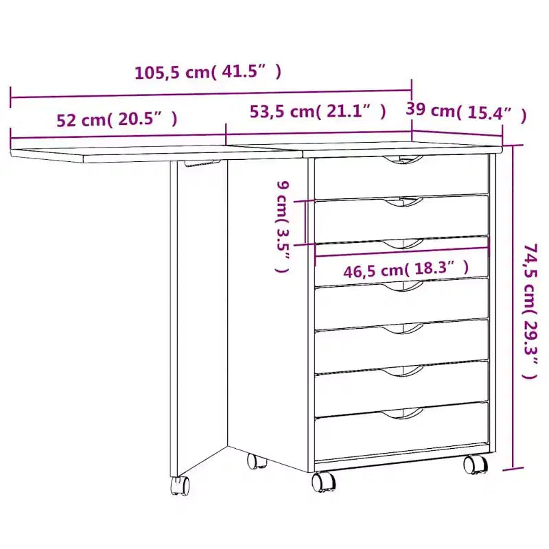Meuble bas à roulettes en pin massif blanc avec bureau