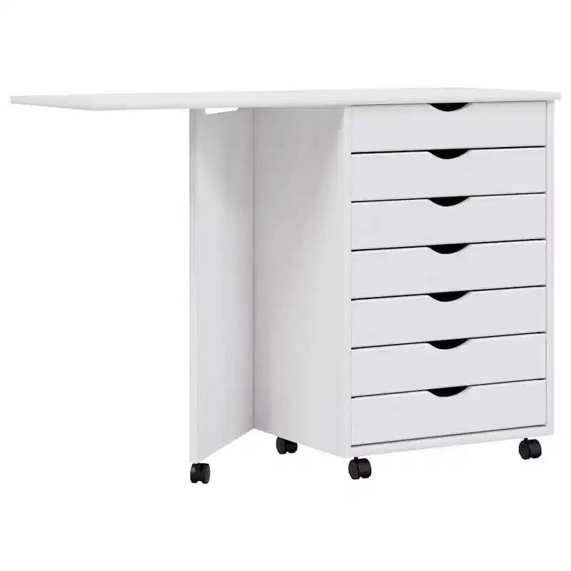 Meuble bas à roulettes en pin massif blanc avec bureau