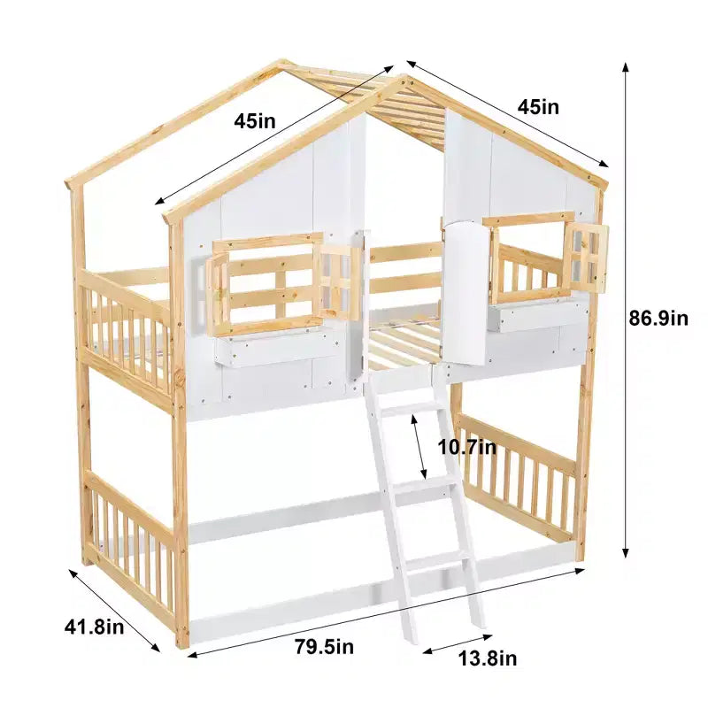 Twin Over Twin Playhouse Bunk Bed with Windows & Doors, White Wood House Bed with Safety Ladder & Guardrails