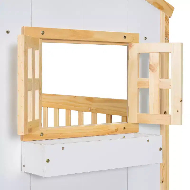 Twin Over Twin Playhouse Bunk Bed with Windows & Doors, White Wood House Bed with Safety Ladder & Guardrails