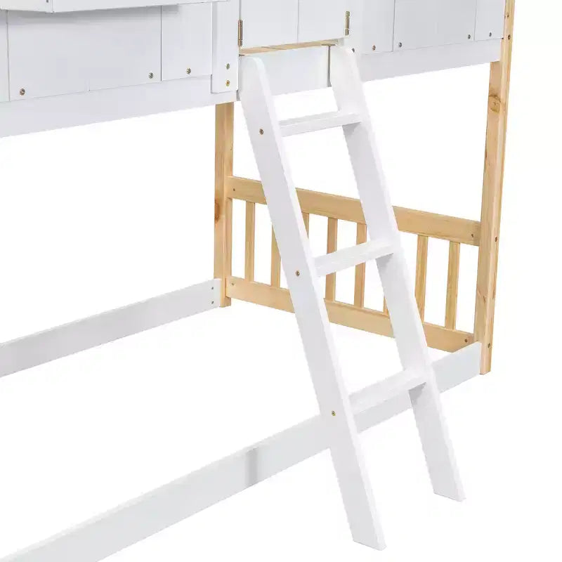 Twin Over Twin Playhouse Bunk Bed with Windows & Doors, White Wood House Bed with Safety Ladder & Guardrails