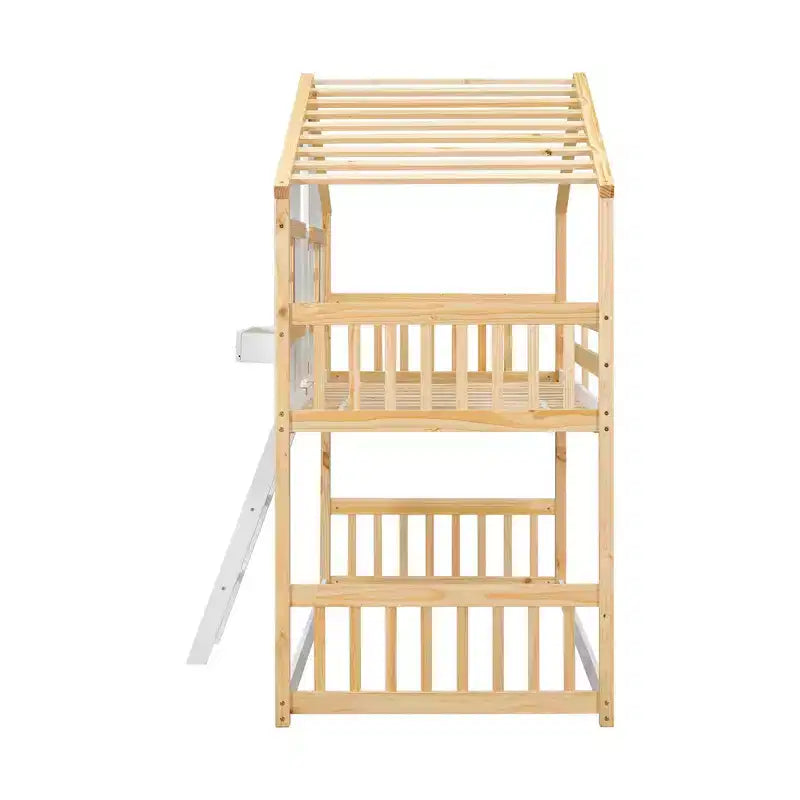 Twin Over Twin Playhouse Bunk Bed with Windows & Doors, White Wood House Bed with Safety Ladder & Guardrails