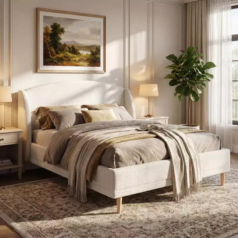 Christopher Knight Home Hollis Modern Boucle Upholstered Bed with Wingback Headboard, White