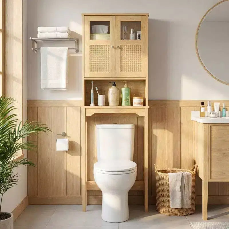 66.93'' Toilet Cabinet In Original Wood With Rattan Surface Double Doors