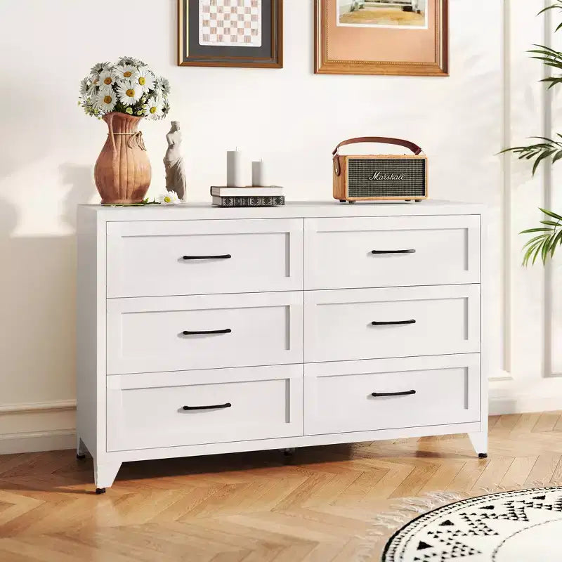 JVNOXK White 6 Drawer Metal Dresser, Eco-Friendly Storage Chest with Smooth Glide Drawers for Bedroom Closet Hallway Entryway